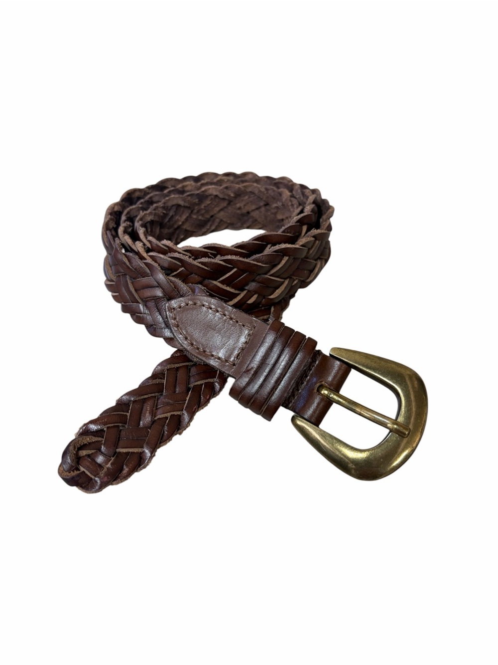 Vintage Brown Braided Leather Belt with Brass Color Buckle - Small
